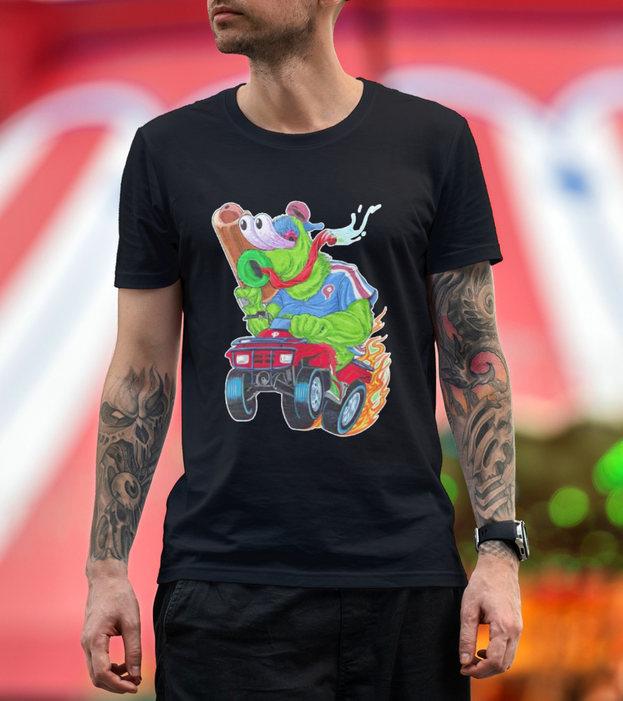 Phillie Phanatic Philadelphia Phillies Pheast Mode Mascot with Cannon Riding ATV T-Shirt