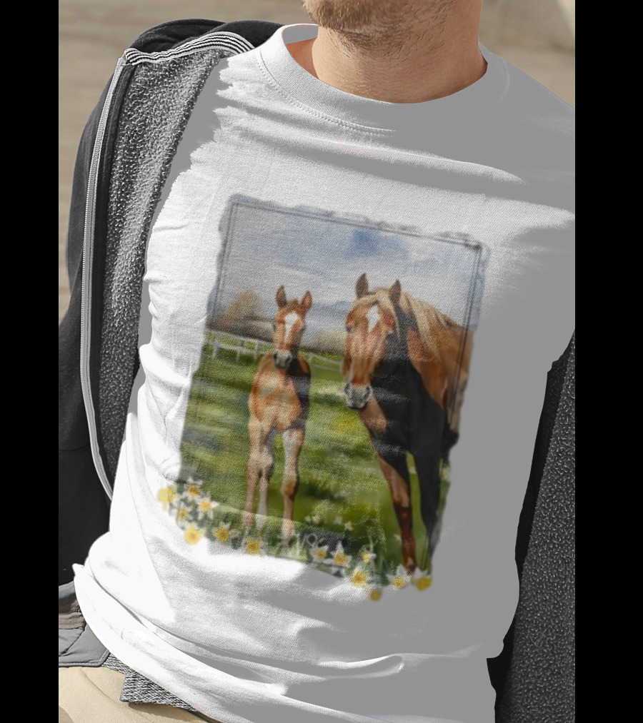 Ginger And Freddie Horses In Scenic Pasture With Daffodils T-Shirt