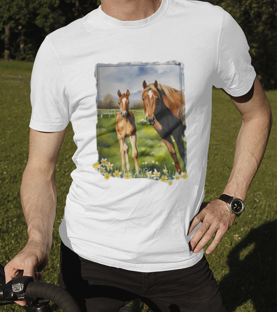 Ginger And Freddie Horses In Scenic Pasture With Daffodils T-Shirt