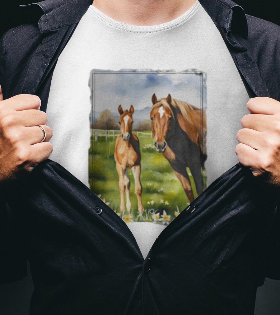 Ginger And Freddie Horses In Scenic Pasture With Daffodils T-Shirt
