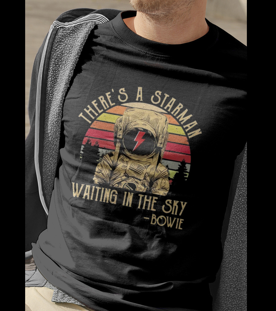 There's A Starman Waiting In The Sky Bowie Vintage Astronaut Rainbow Lightning T-Shirt