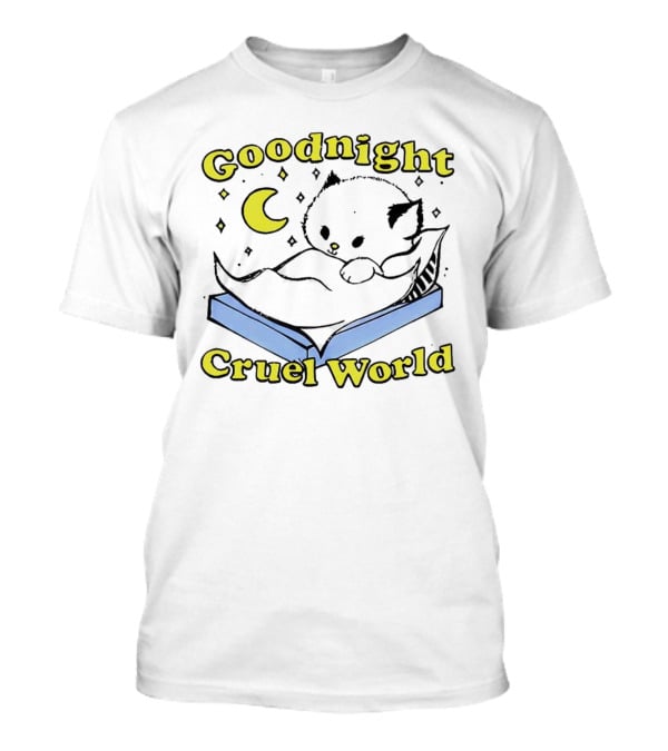 Goodnight Cruel World Cat On Open Book With Moon And Stars T-Shirt