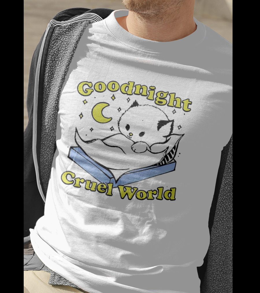 Goodnight Cruel World Cat On Open Book With Moon And Stars T-Shirt