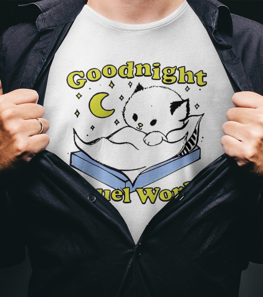 Goodnight Cruel World Cat On Open Book With Moon And Stars T-Shirt