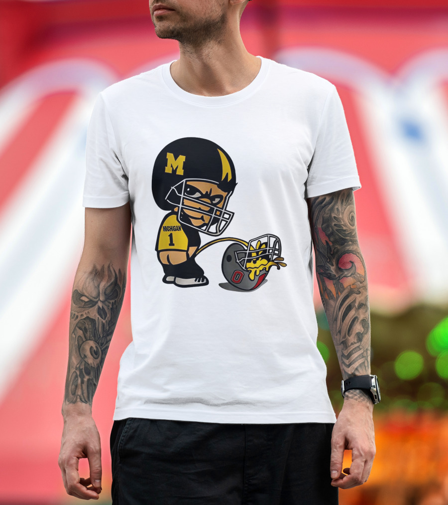 Michigan Wolverines M Football Player Pissing on Ohio State Helmet with O T-Shirt