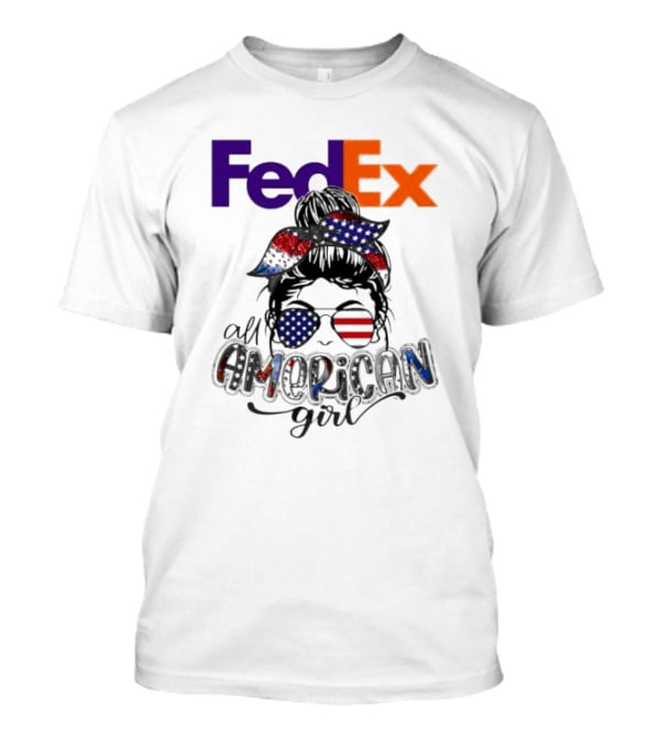 FedEx All American Girl Messy Bun Bandana And Sunglasses With Flag Elements T-Shirt