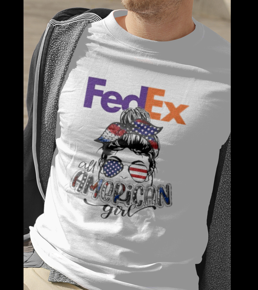 FedEx All American Girl Messy Bun Bandana And Sunglasses With Flag Elements T-Shirt
