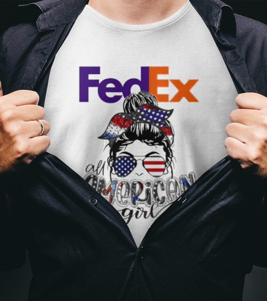 FedEx All American Girl Messy Bun Bandana And Sunglasses With Flag Elements T-Shirt