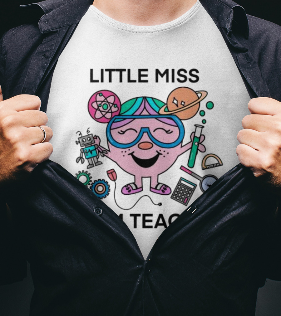 Little Miss STEM Teacher Science Icons Robot Atom Calculator Planets Gears T-Shirt
