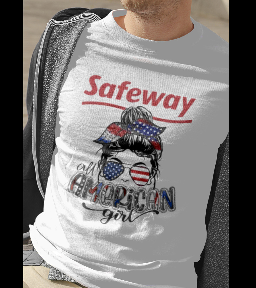 Safeway All American Girl Messy Bun Red White Blue Glasses Bandana T-Shirt