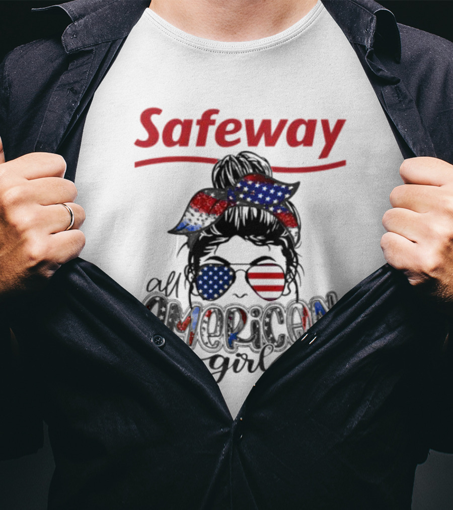Safeway All American Girl Messy Bun Red White Blue Glasses Bandana T-Shirt