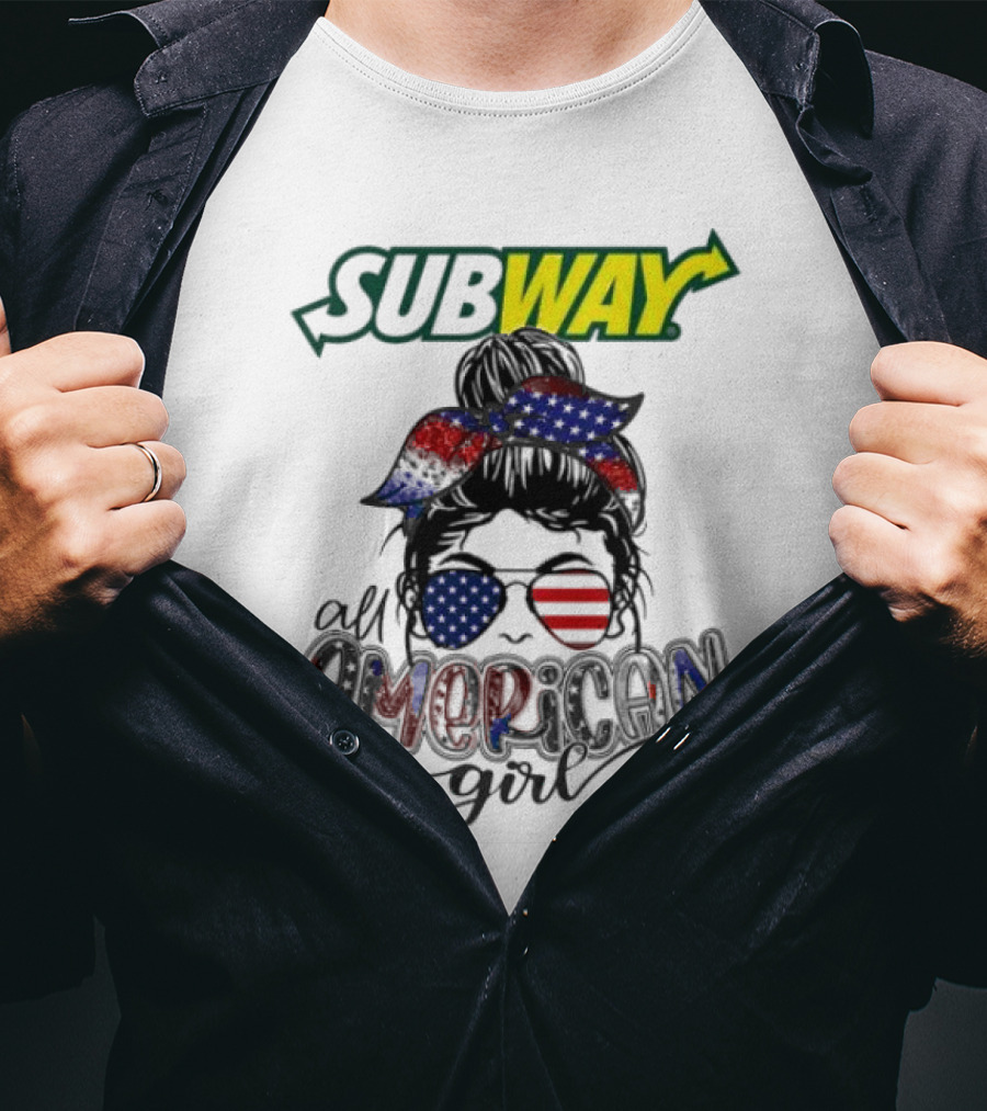 Subway All American Girl Messy Bun Patriotic Bandana And Sunglasses T-Shirt