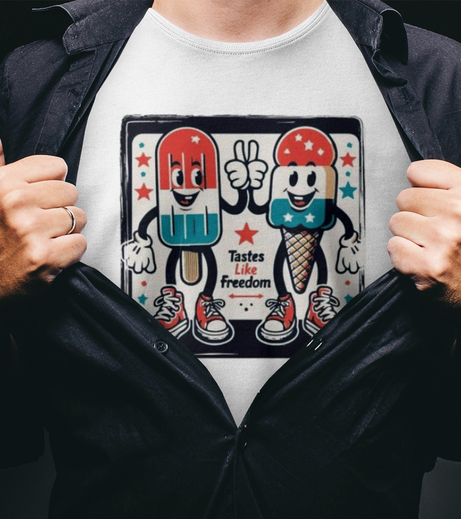 Tastes Like Freedom Popsicle And Ice Cream Characters With Stars And Sneakers T-Shirt