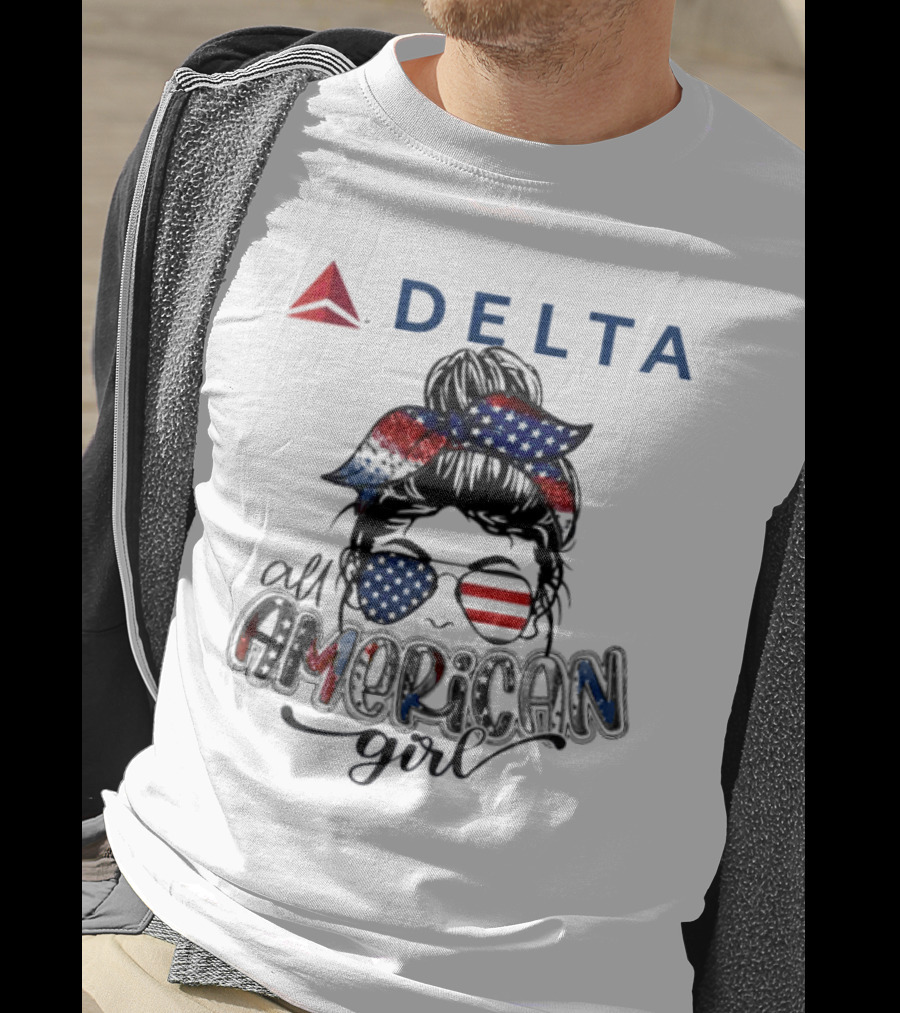 Delta Air Lines All American Girl Messy Bun Stars Stripes Bandana Sunglasses T-Shirt