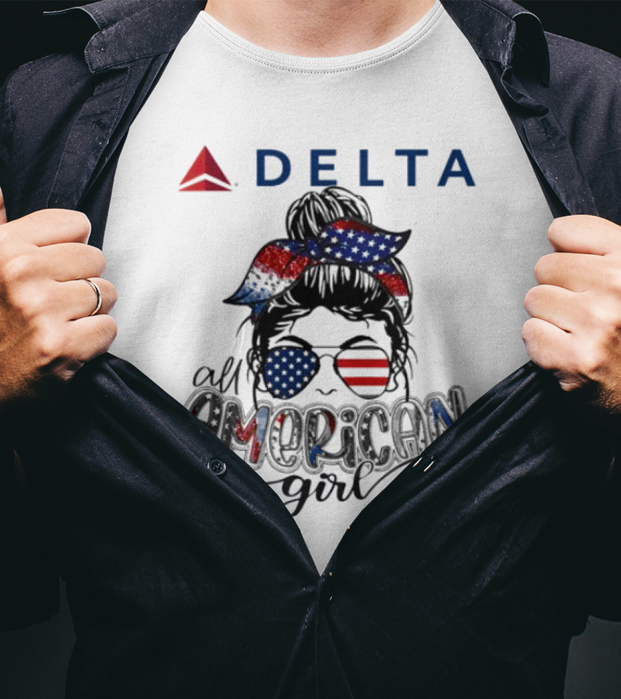 Delta Air Lines All American Girl Messy Bun Stars Stripes Bandana Sunglasses T-Shirt