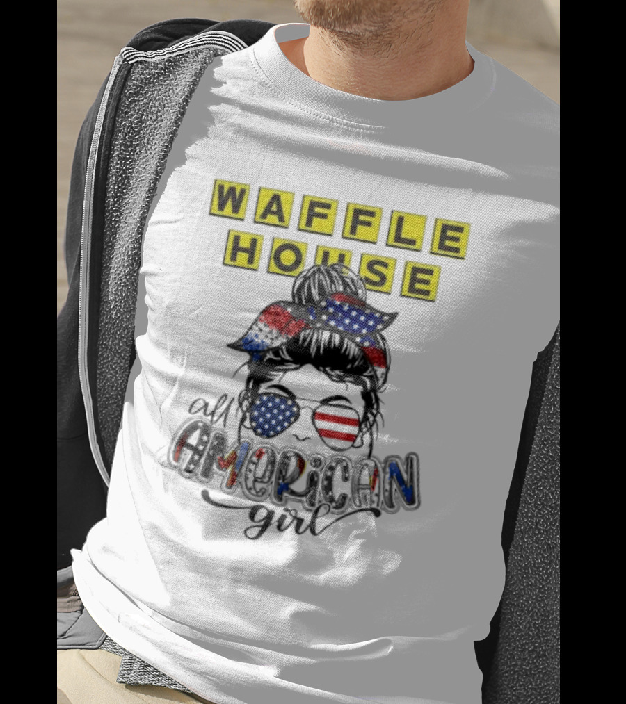 Waffle House All American Girl Messy Bun Patriotic USA Flag Glasses T-Shirt