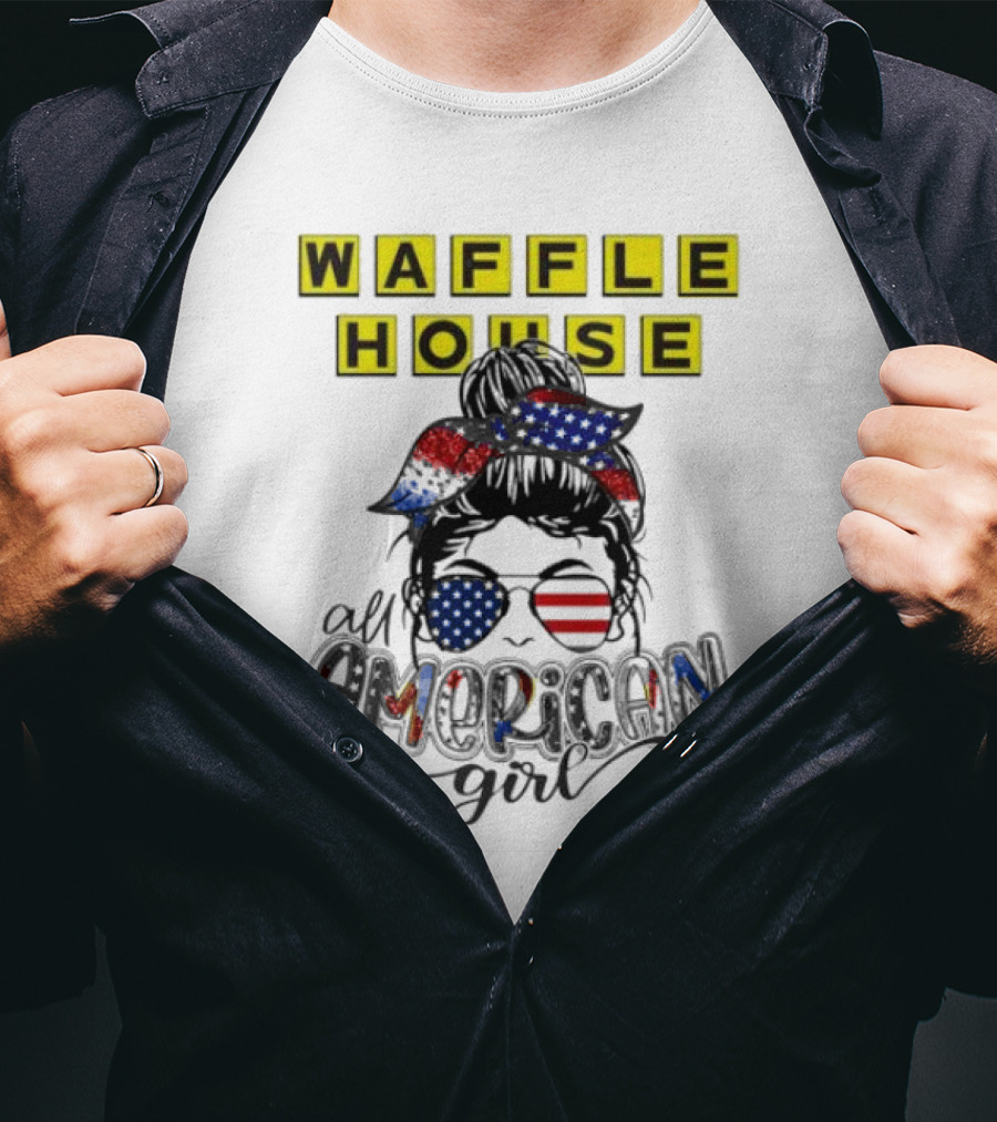 Waffle House All American Girl Messy Bun Patriotic USA Flag Glasses T-Shirt
