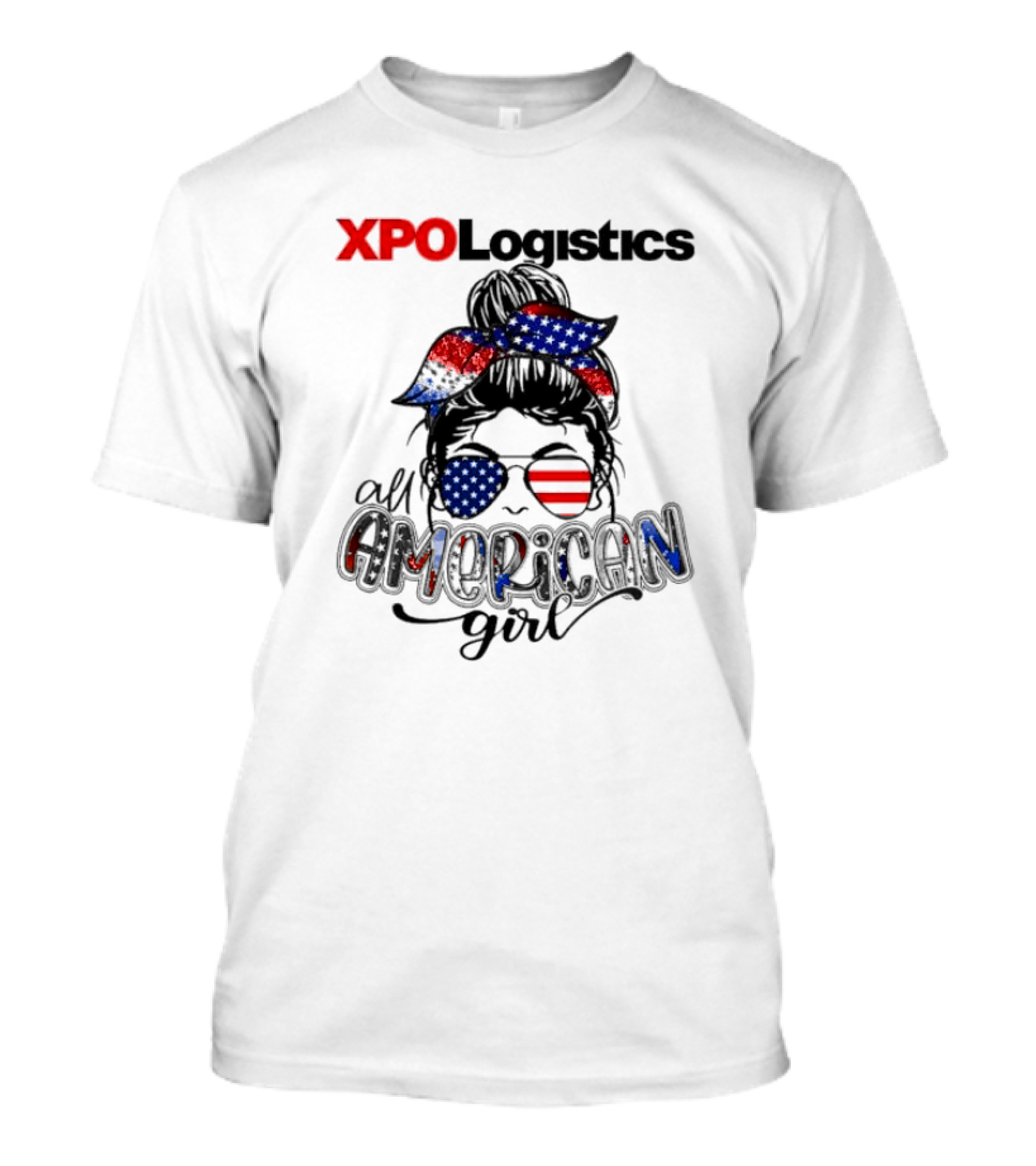 XPO Logistics All American Girl Messy Bun Red White Blue Glasses Stars Stripes T-Shirt