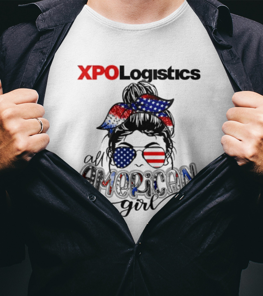 XPO Logistics All American Girl Messy Bun Red White Blue Glasses Stars Stripes T-Shirt