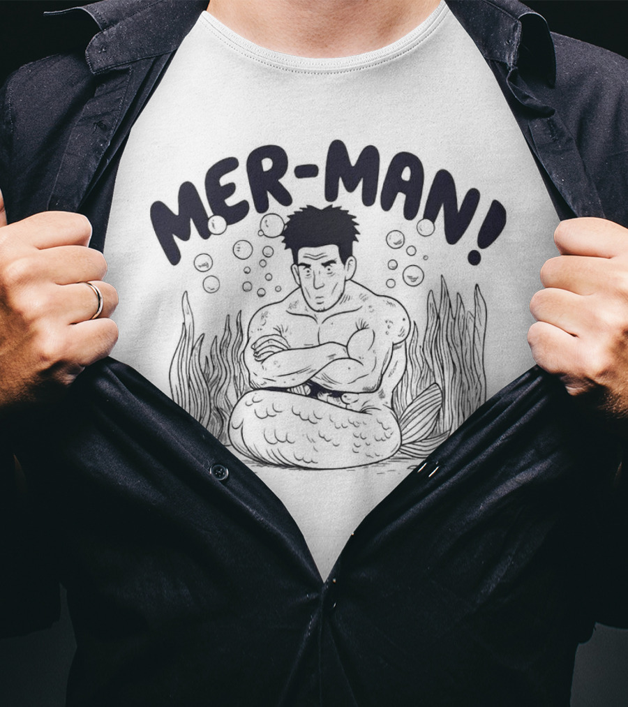 MER-MAN Cross-Armed Mermaid With Bubbles And Seaweed T-Shirt