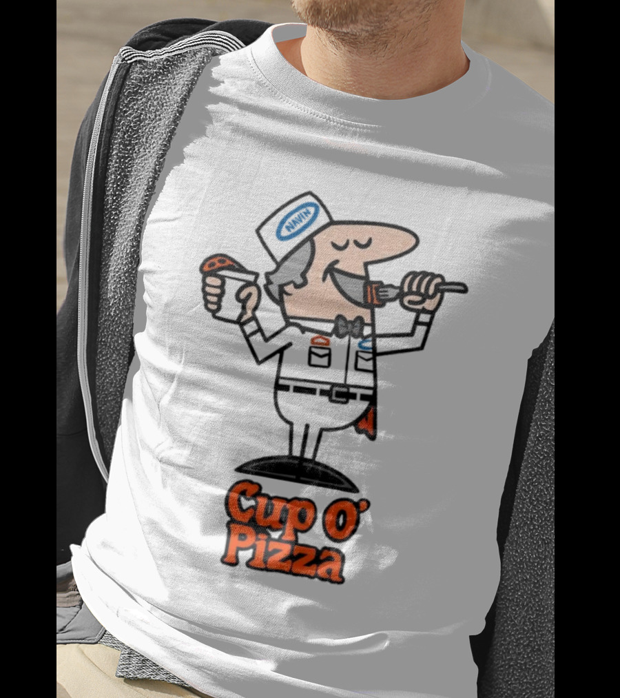 Cup O' Pizza Cartoon Character Eating From A Fork And Cup T-Shirt