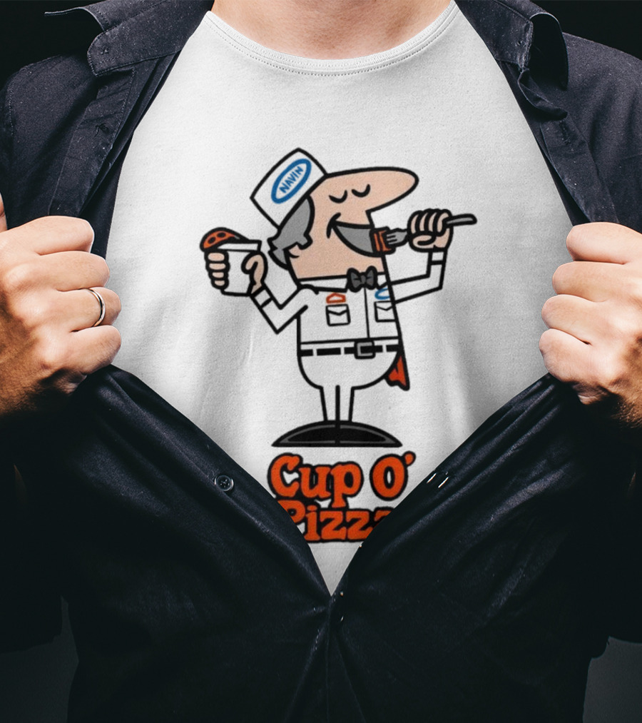 Cup O' Pizza Cartoon Character Eating From A Fork And Cup T-Shirt