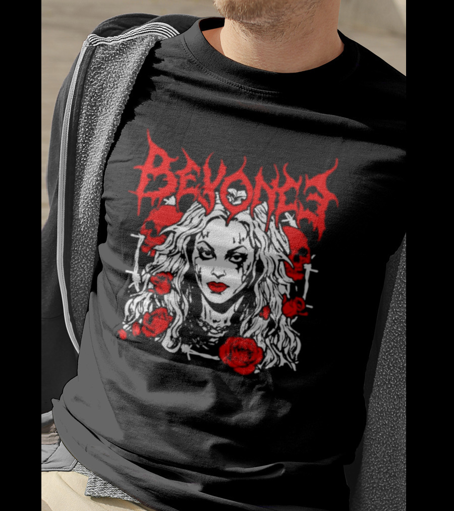 BEYONCÉ Rose Metal Gothic Style Skulls And Roses T-Shirt