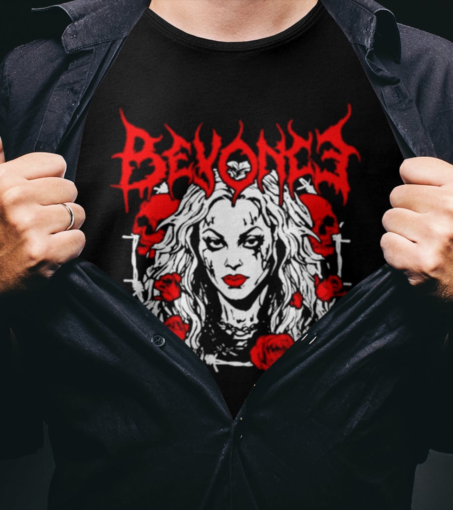 BEYONCÉ Rose Metal Gothic Style Skulls And Roses T-Shirt