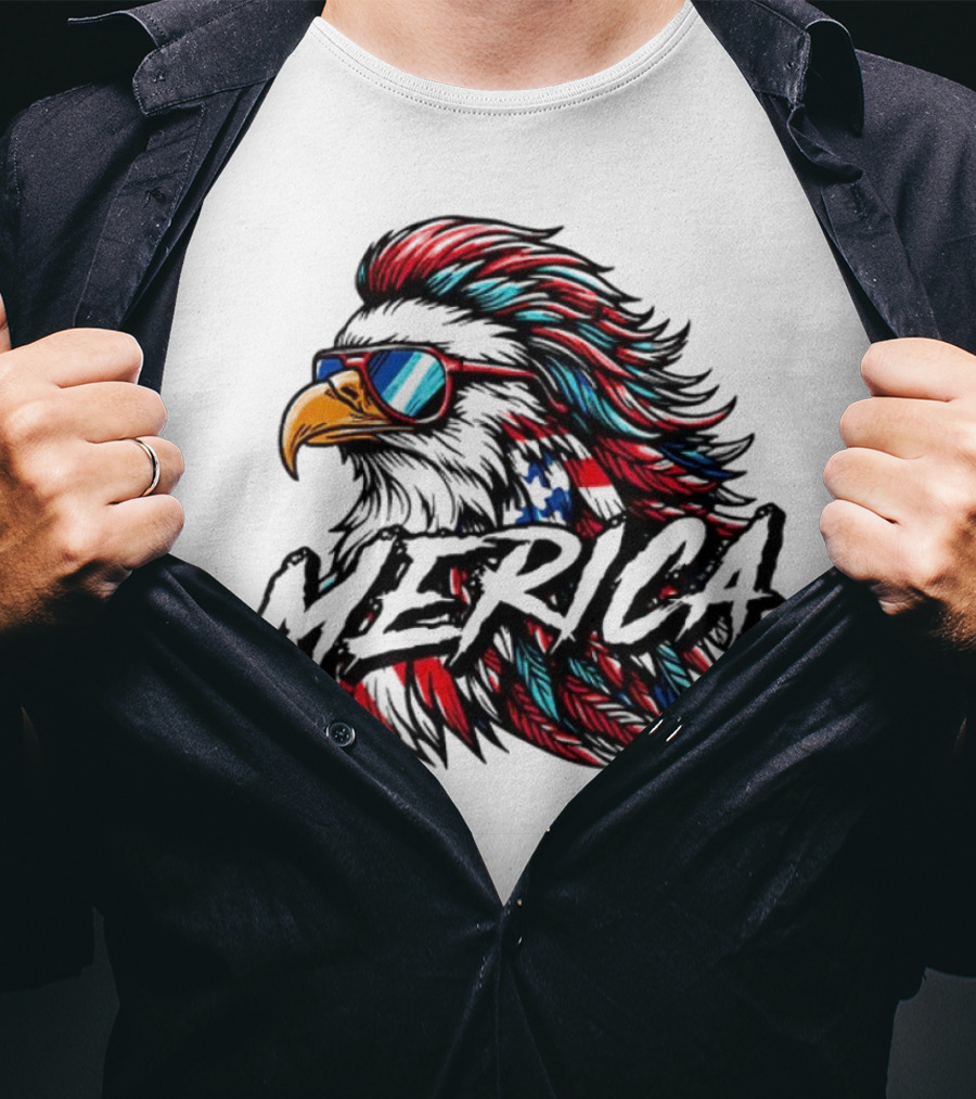 Merica Mullet Eagle With Patriotic Sunglasses And Americana Colors T-Shirt