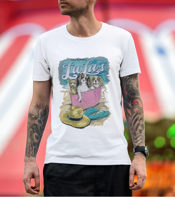 Premium T-Shirt: Lucy Buffett’s LuLu’s Beach Dogs in Pink Bag with Hat and Flip-Flops T-Shirt Lucy Buffett’s LuLu’s Beach Dogs in Pink Bag with Hat and Flip-Flops T-Shirt