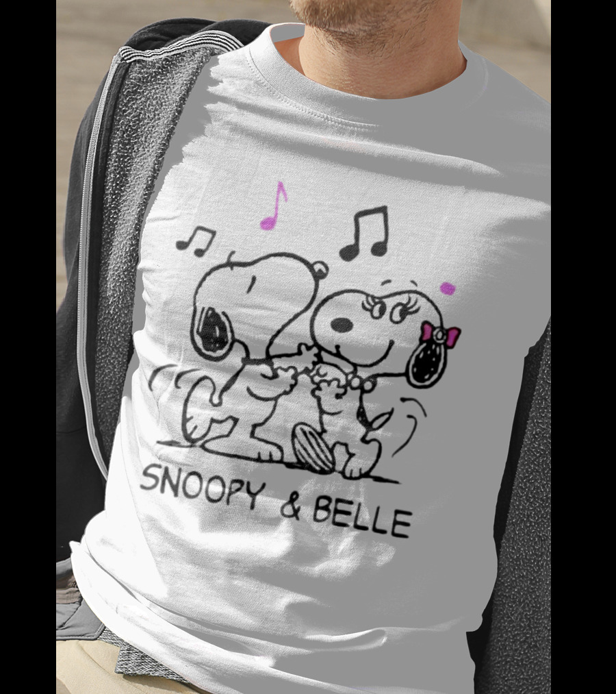 Snoopy And Belle Dancing With Musical Notes And Pink Accents T-Shirt