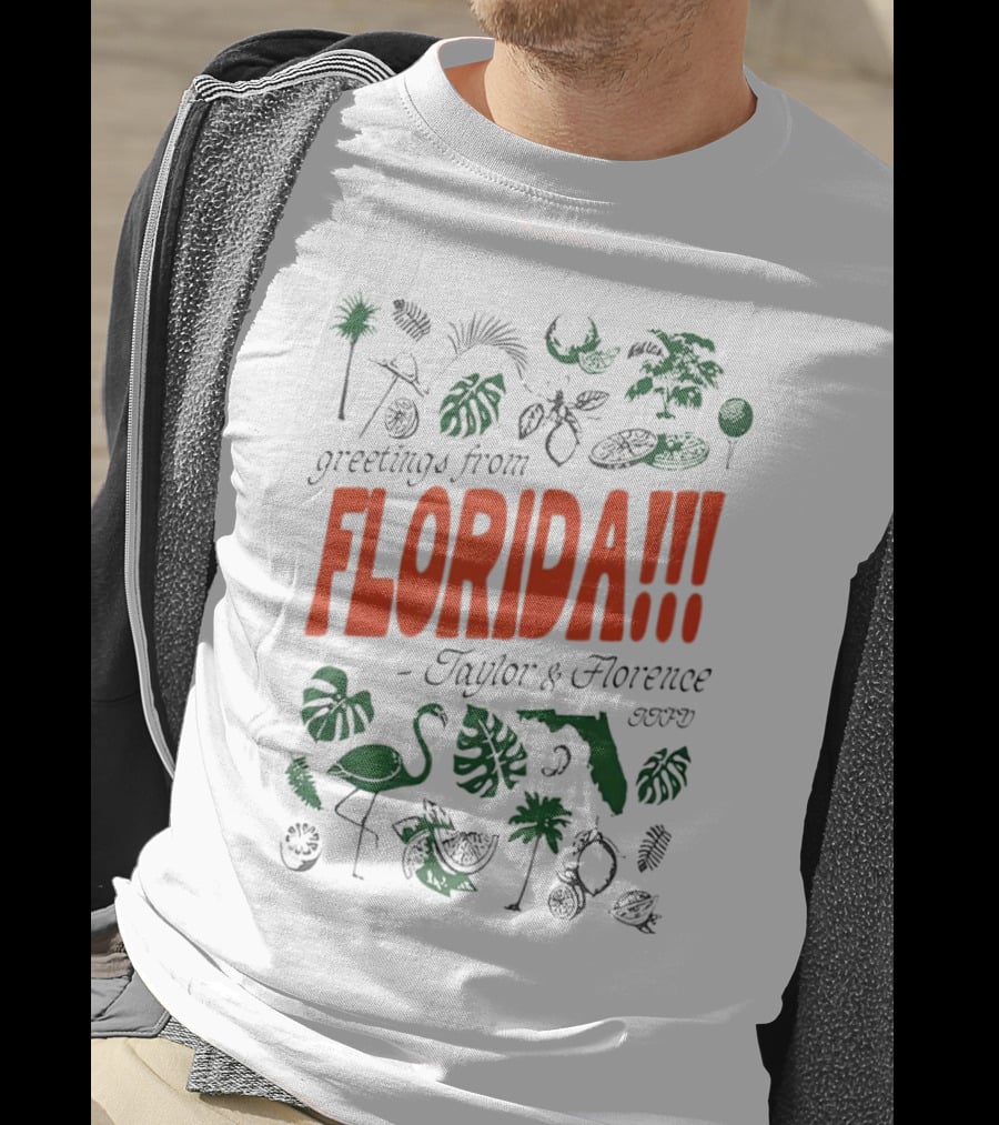 Greetings From Florida Taylor And Florence TTPD Flamingo Palm Map Iconic Tropical T-Shirt