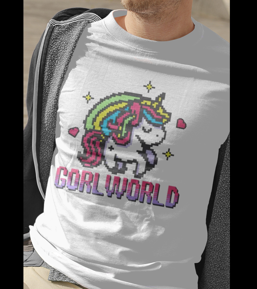 Gorl World Unicorn Retro Pixel Art Rainbow Hearts T-Shirt