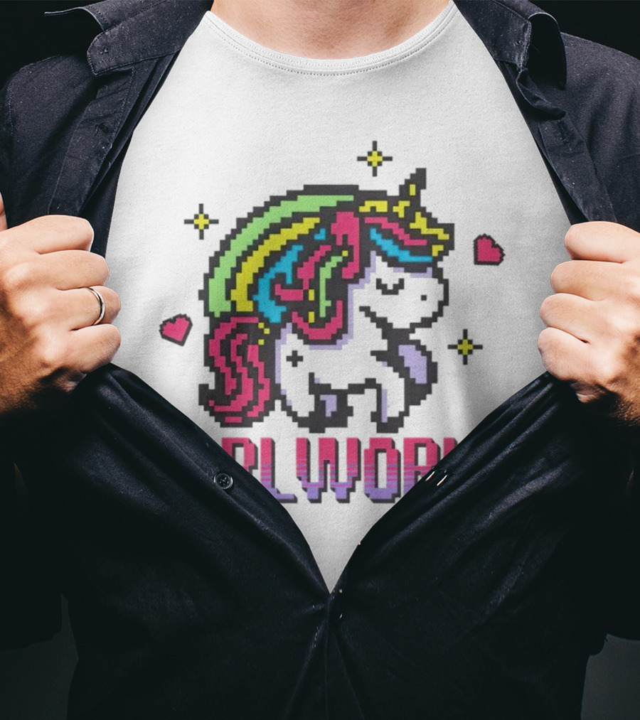 Gorl World Unicorn Retro Pixel Art Rainbow Hearts T-Shirt