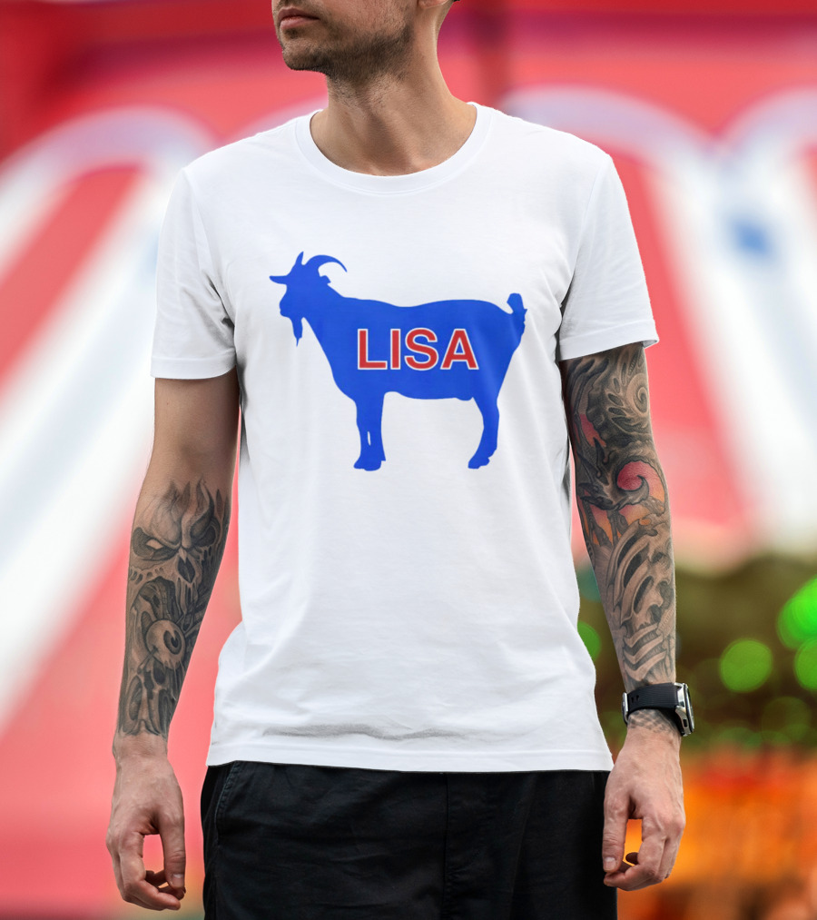 Lisa L Dubbs Goat Silhouette with Name in Bold Red Letters Blue Background T-Shirt