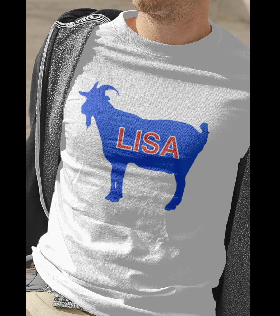 Lisa L Dubbs Goat Silhouette With Name In Bold Red Letters Blue Background T-Shirt