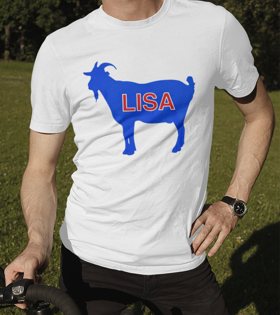 Lisa L Dubbs Goat Silhouette With Name In Bold Red Letters Blue Background T-Shirt