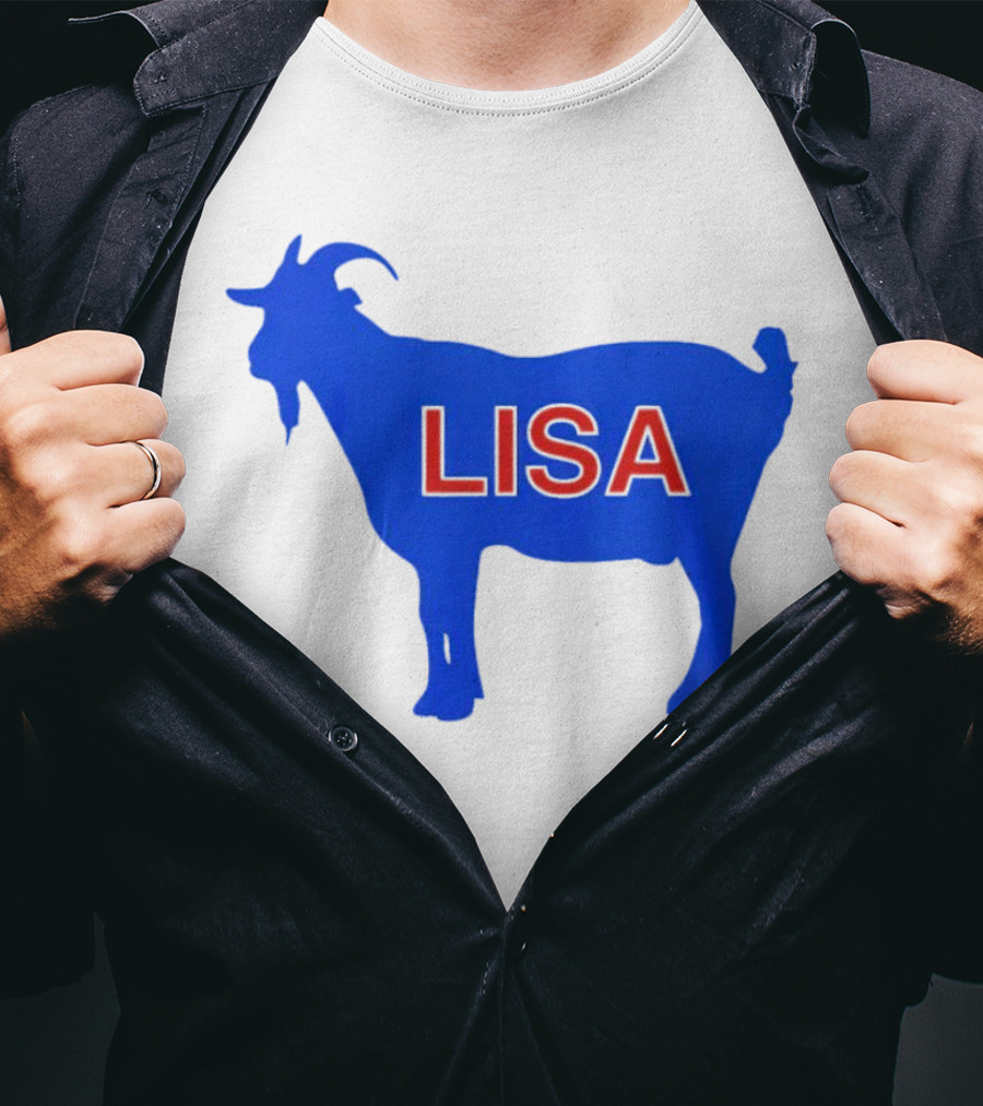 Lisa L Dubbs Goat Silhouette With Name In Bold Red Letters Blue Background T-Shirt