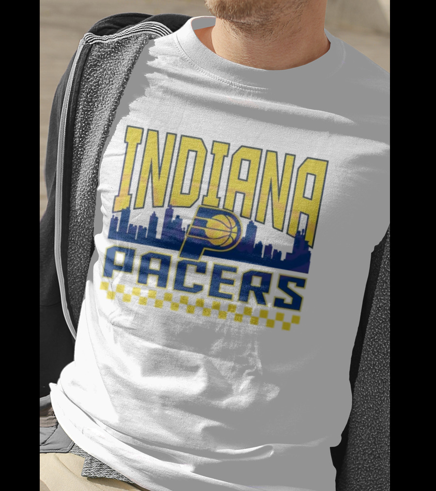 Indiana Pacers NBA Logo Skyline With Checkered T-Shirt