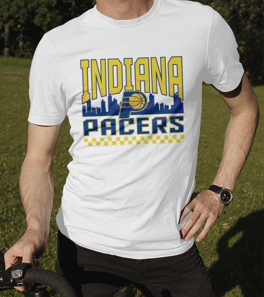 Indiana Pacers NBA Logo Skyline With Checkered T-Shirt