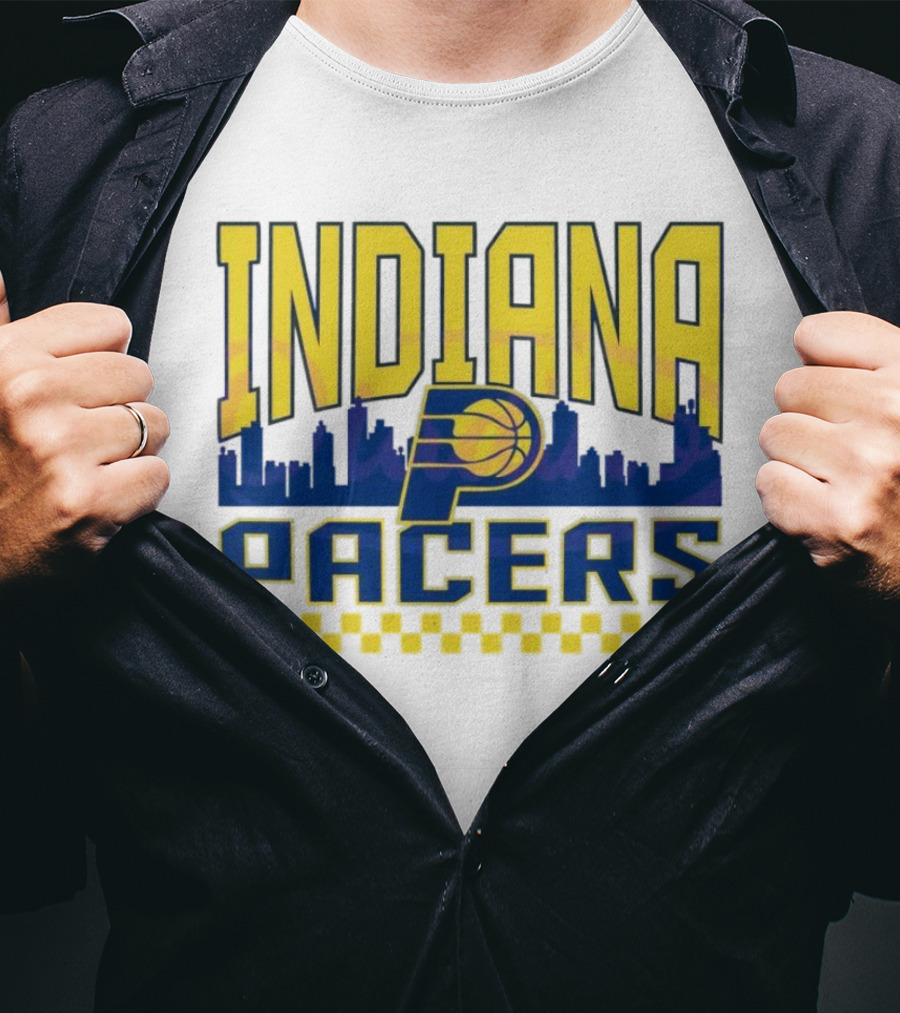 Indiana Pacers NBA Logo Skyline With Checkered T-Shirt