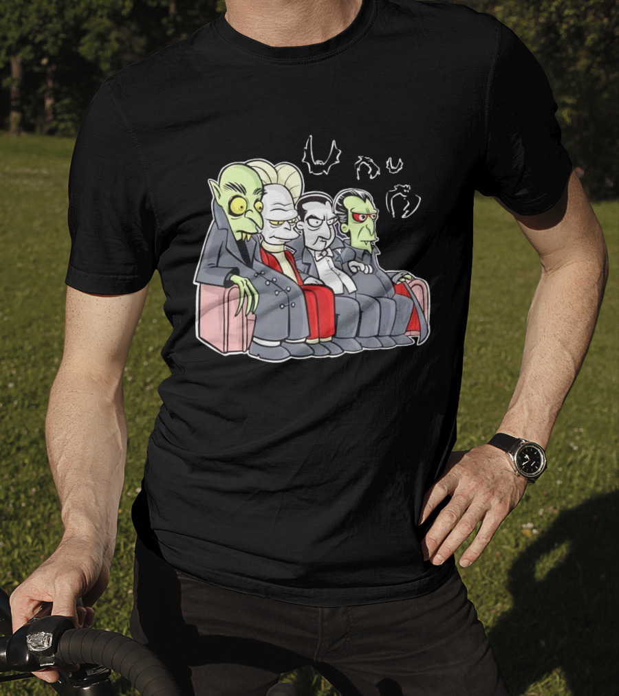 Various Versions Of Draculas Seated On A Couch With Bat Symbols T-Shirt