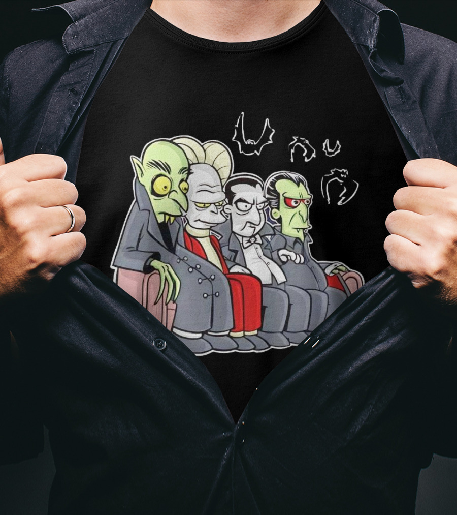 Various Versions Of Draculas Seated On A Couch With Bat Symbols T-Shirt