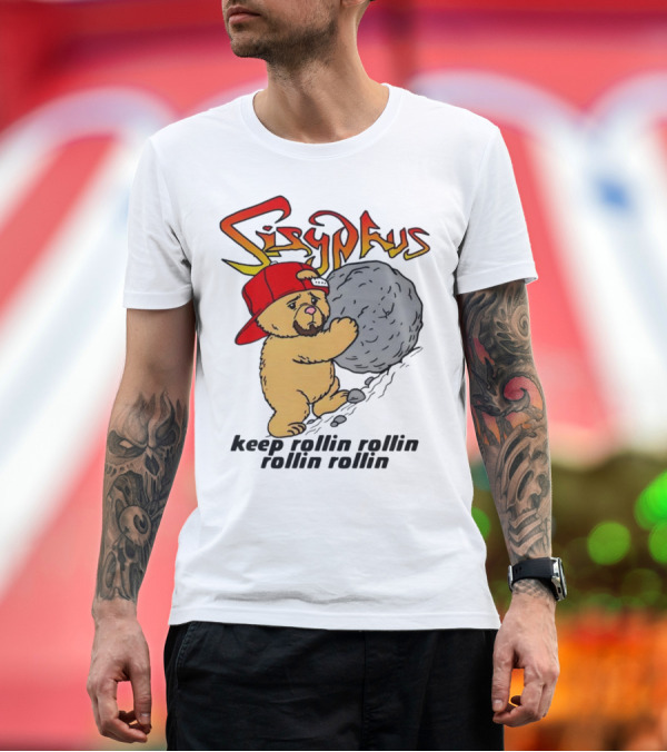 Premium T-Shirt: Sisyphus Keep Rollin Rollin Rollin Rollin Bear with Boulder Red Cap T-Shirt Sisyphus Keep Rollin Rollin Rollin Rollin Bear with Boulder Red Cap T-Shirt