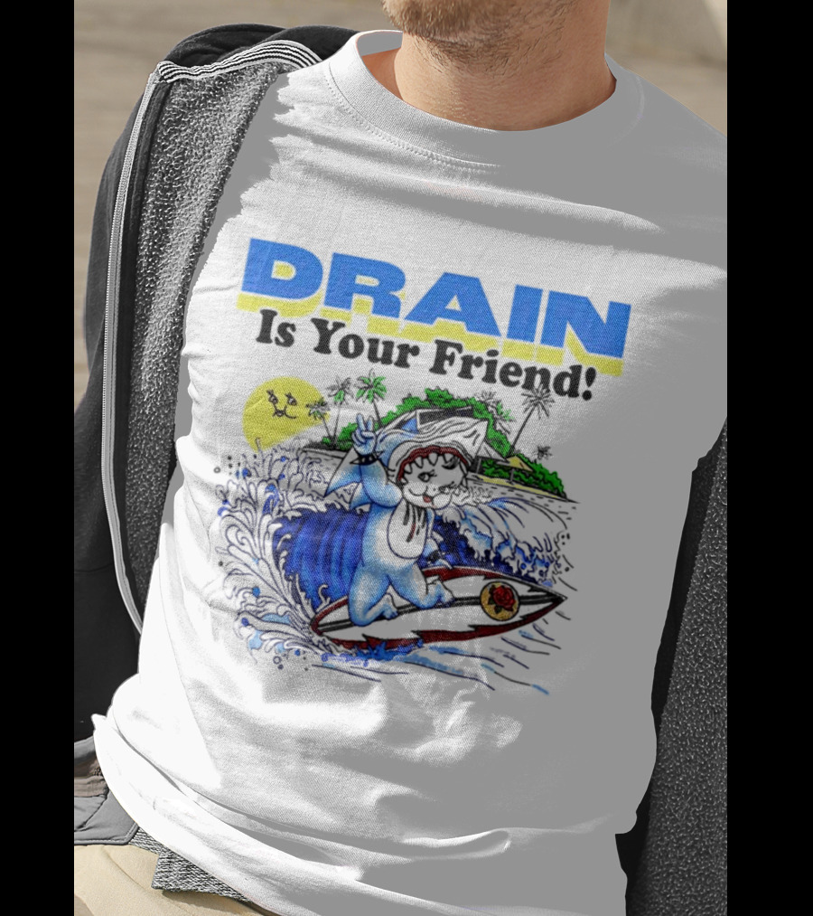Drain Is Your Friend Surfing Dog Island Moon Scene T-Shirt