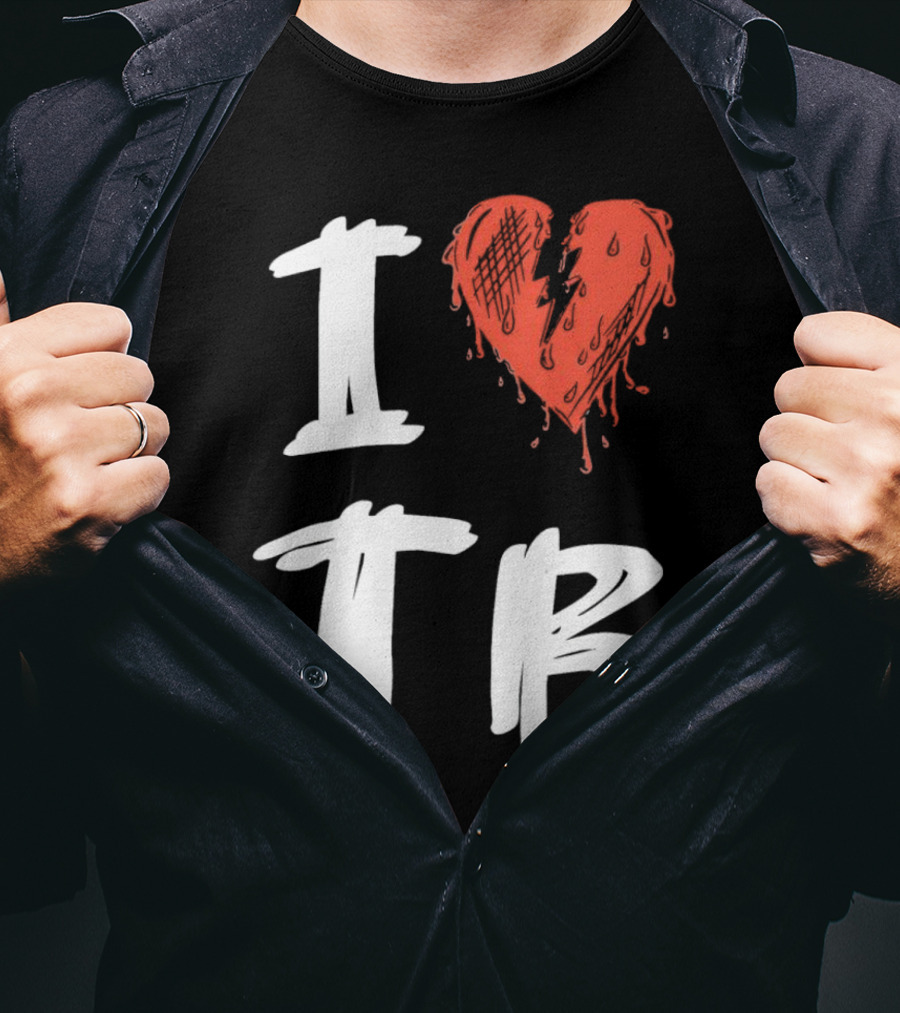 I Love TB Heart Icon With Dripping Red And Black Details Tragedy Boiz T-Shirt