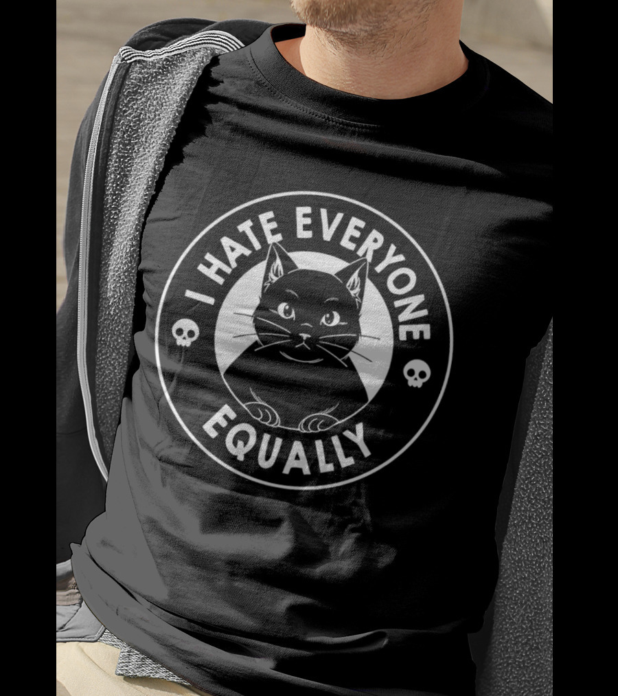 I Hate Everyone Equally Black Cat Illustration With Skulls T-Shirt