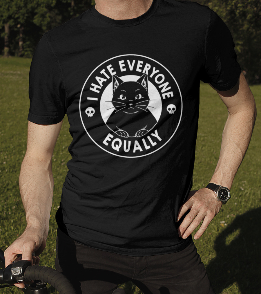 I Hate Everyone Equally Black Cat Illustration With Skulls T-Shirt