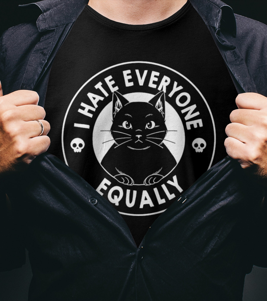 I Hate Everyone Equally Black Cat Illustration With Skulls T-Shirt