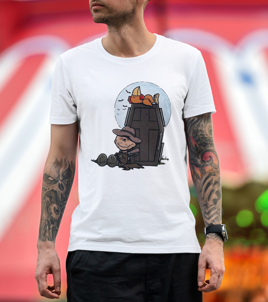 Ghoul and a Chicken from Fallout Peanuts Style Sitting by Coffin Under Moon with Bats T-Shirt